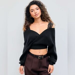 CIDER Cropped V-Neck Lace Knit Sweater Long Sleeve Women’s Pullover Top Size XS